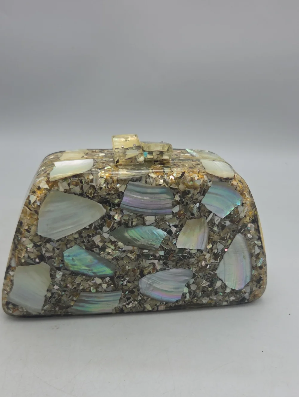 Vintage mother-of-pearl and abalone shell mosaic acrylic/lucite evening clutch
